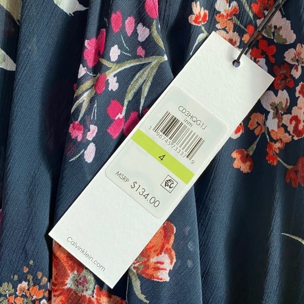 Calvin Klein Navy Blue Floral Chiffon High Low Maxi Dress 4 NWT Wedding Guest - Picture 7 of 16